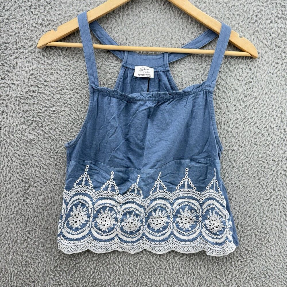 Zara Trafaluc Women's Small Blue Camisole Crop Tank‎ Top White Embroidered Lace